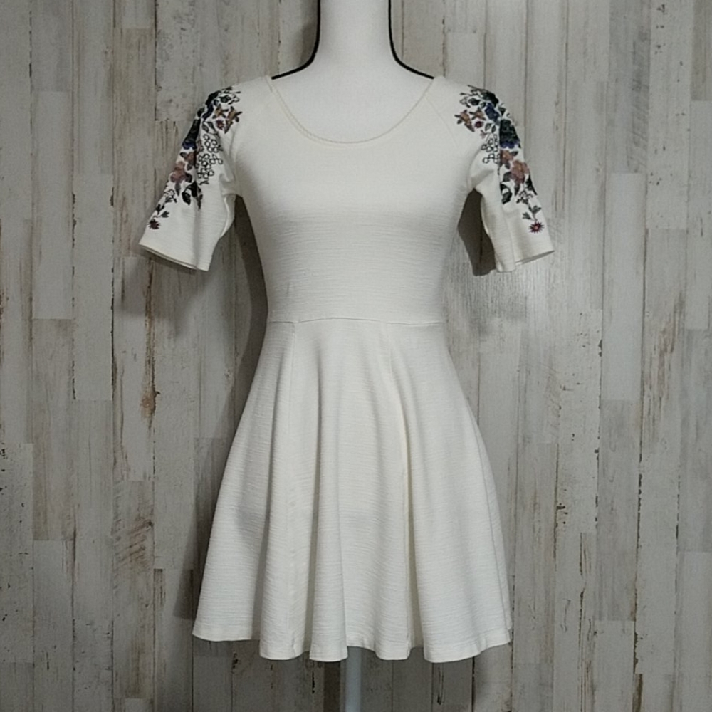 Free People Cream Embroidered Mini Dress